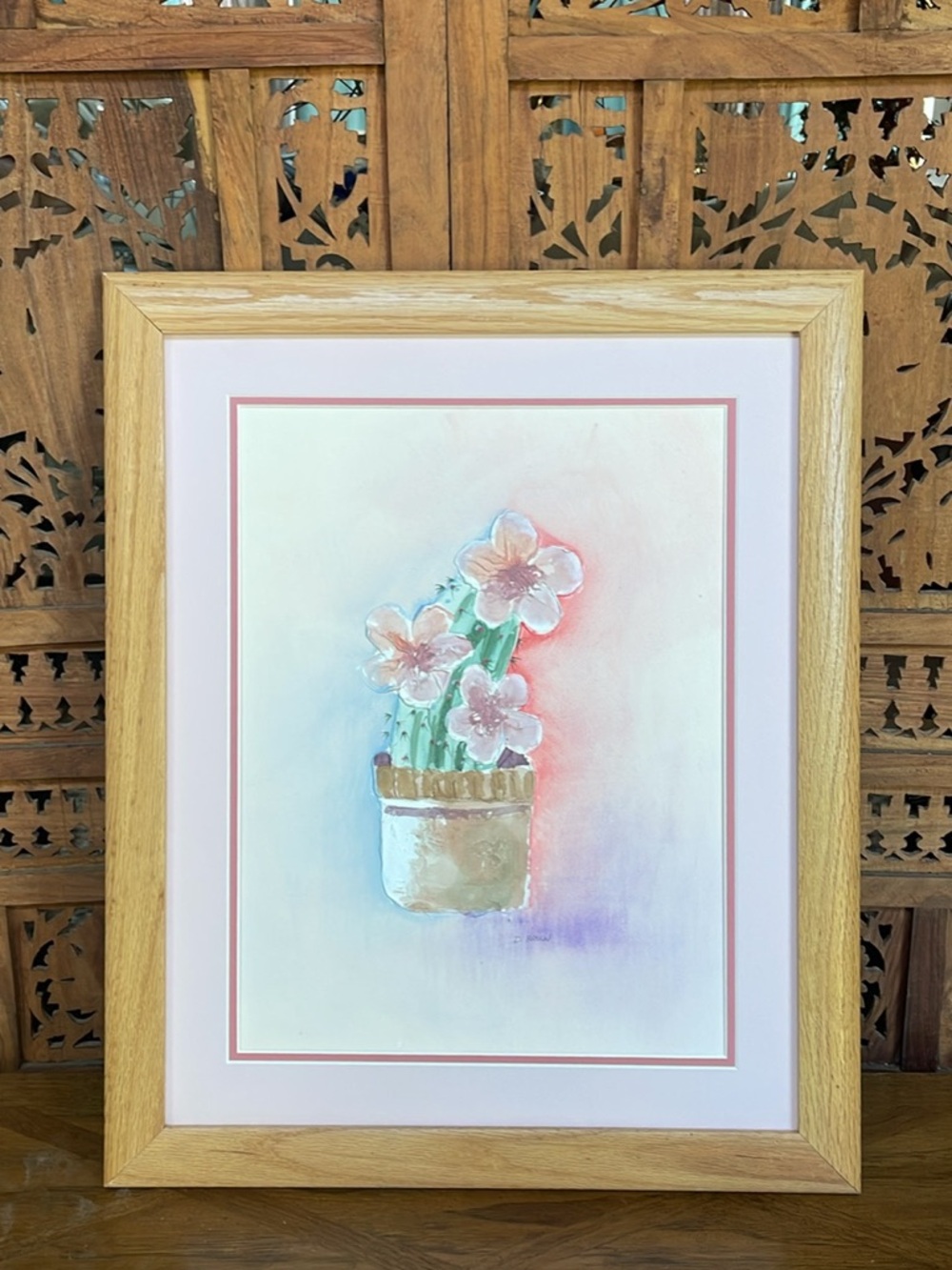 ❤️ SIGNED Original Vintage Acrylic by D. Brown flowering cactus Wall Art